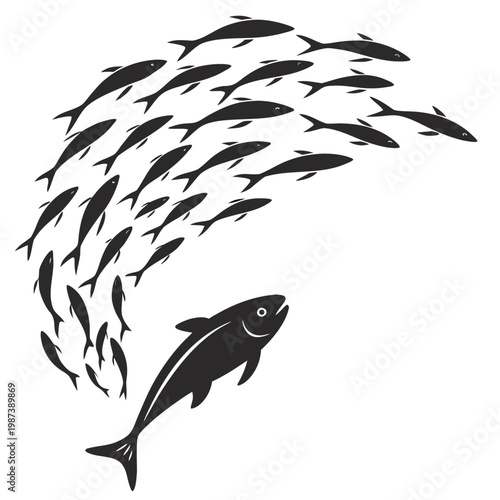 A school of black fish is depicted swimming upwards with a larger fish positioned below facing the group high quality professional detailed