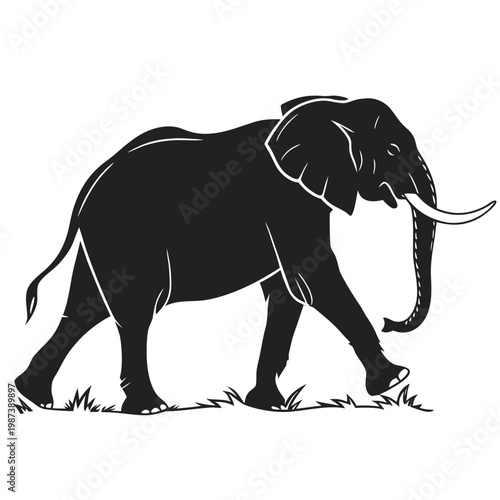 A striking black silhouette showcases a majestic african elephant walking forward its trunk gently extended amidst grass high quality professional detailed modern