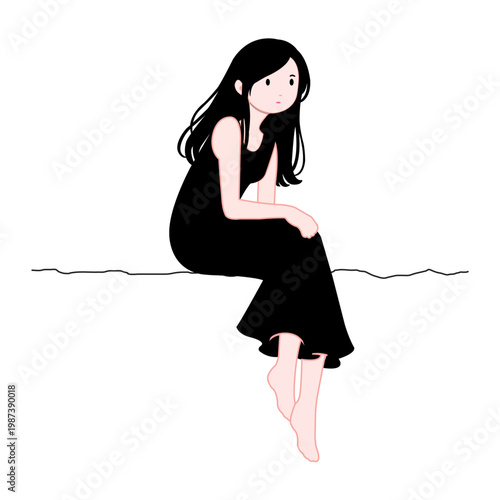 Minimal sad girl sitting alone black dress emotional character vector illustration Lonely young woman sitting thoughtful pose minimal flat style vector artwork