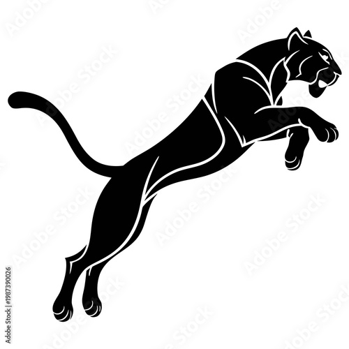 A striking black panther is depicted in a dynamic leaping pose showcasing its powerful musculature and sleek form in a minimalist style