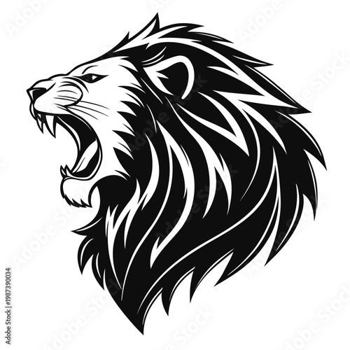 A striking black and white illustration depicts a majestic lion roaring fiercely showcasing its powerful teeth and expressive mane high quality professional