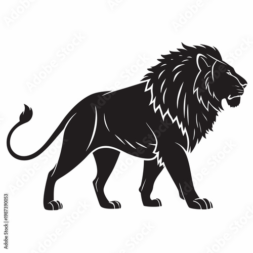 A striking black and white illustration depicts a majestic male lion in profile showcasing its powerful build and regal mane high quality