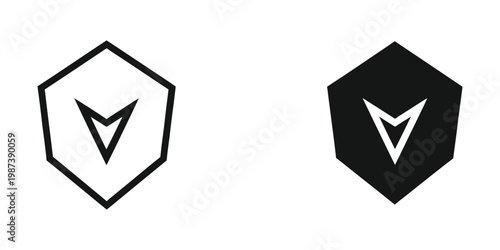 Contrast of a white and black hexagon logo with a 'v' shaped emblem inside