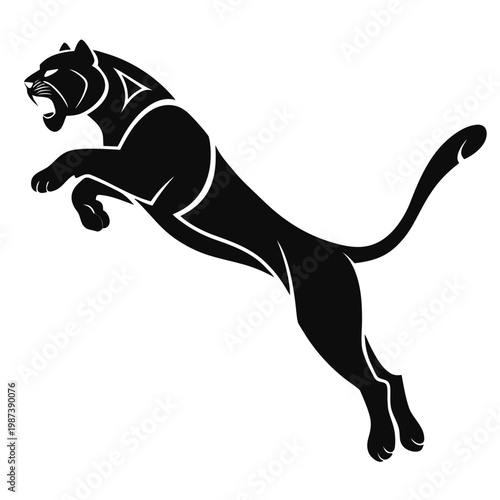 A striking black panther is dynamically depicted mid leap showcasing its powerful build and sleek predatory form in a stylized illustration