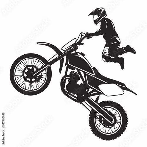 A dynamic black and white illustration depicts a motocross rider performing an aerial stunt with their dirt bike high quality professional detailed