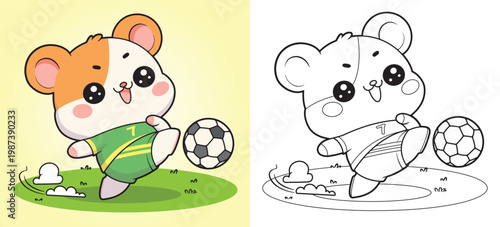 Hamster playing soccer and kicking a ball on the field. Cute character for kids coloring pages, learning media, and fun activities. Isolated illustration.