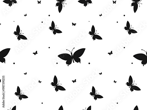 A collection of black butterfly silhouettes and floral nature icons in a seamless vector pattern set for spring art and tattoo design