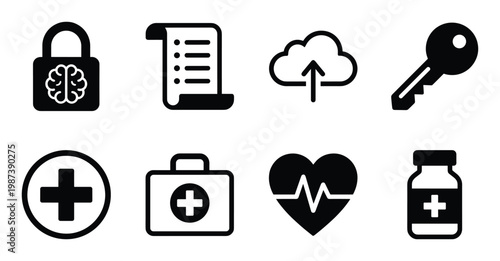 Brain padlock list cloud upload key medical cross first aid kit heart bottle