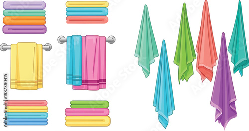 Colorful Towel Collection Illustration with Folded Stacks and Hanging Bath Towels in Various Styles for Bathroom, Spa, Laundry, and Textile Design