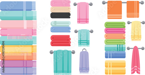 Colorful Towel Collection Illustration with Folded Stacks, Hanging Bathroom Towels, Soft Fabric Textiles, and Household Hygiene Accessories Set