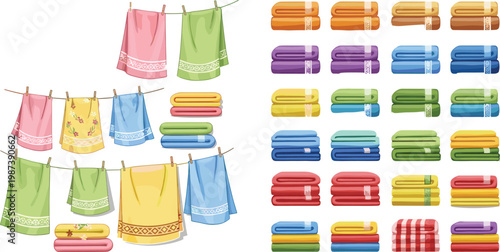 Colorful Towel Collection Vector Set with Hanging Laundry, Folded Fabric Stacks, and Bathroom Linen Illustrations for Home Textile and Cleaning Design