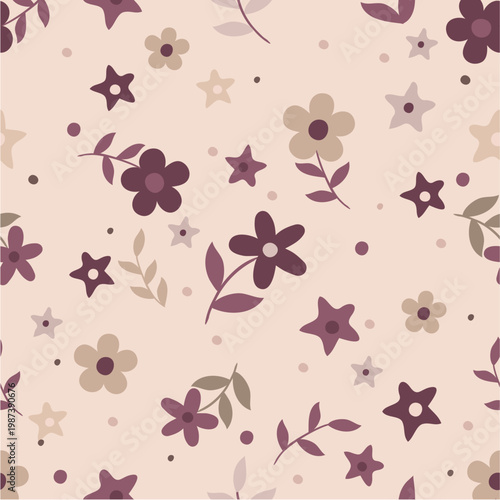 Cute seamless pattern with flowers, stars and moon in pastel colors, childish nursery background.