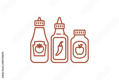 Three bottles of condiments ketchup hot sauce and apple sauce illustrated in a simple line style