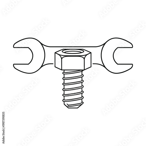 A black and white illustration depicts a wrench tightening a bolt