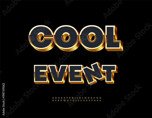 Vector Modern invitation Cool Event. Trendy Premium Black and Golden Font. Chic 3D Alphabet Letters and Numbers set