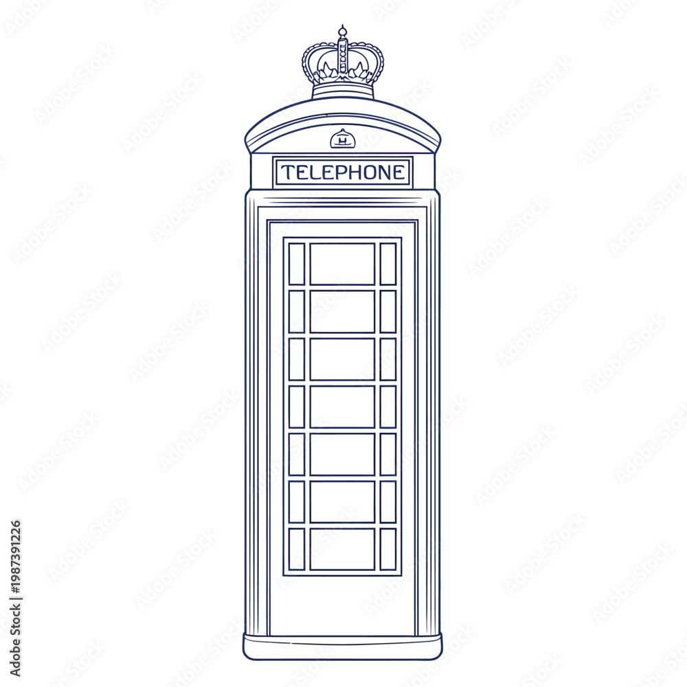 Obraz premium A detailed line drawing features a classic red british telephone box