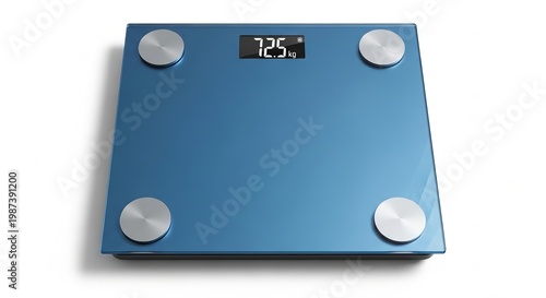 Blue digital bathroom scale with silver buttons isolated on white background