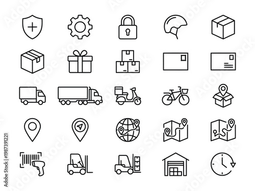 Comprehensive logistics and shipping line icon set featuring delivery trucks packages and global distribution symbols logistics shipping delivery transportation warehouse distribution industry