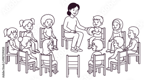 Teacher and students sitting in a circle listening to teacher talk.