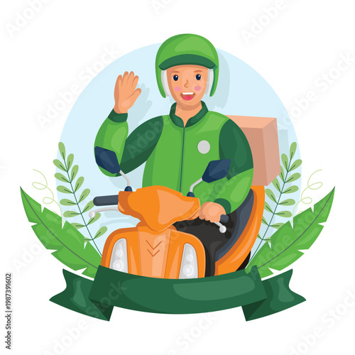 illustration of a motorcycle courier carrying a package