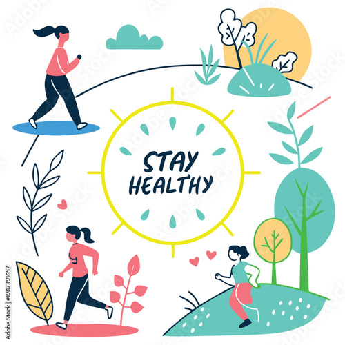 Women jogging in nature for wellness and health concept vector illustration with sun clouds