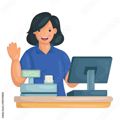 illustration of a female cashier greeting a customer