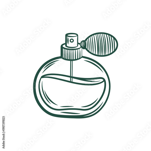 A detailed sketch depicts a vintage perfume bottle with a spray nozzle