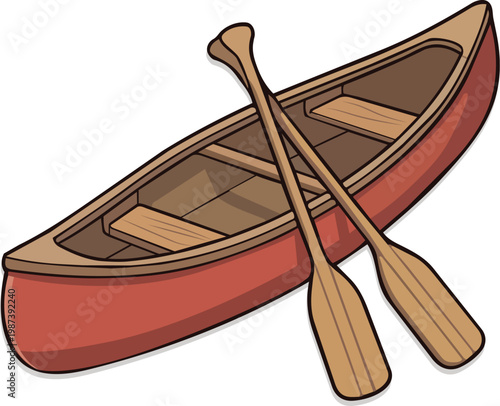 Wooden canoe with paddles flat vector illustration isolated on white