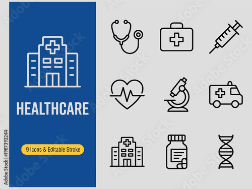 Collection of line icons related to healthcare and medical services including hospital and equipment symbols