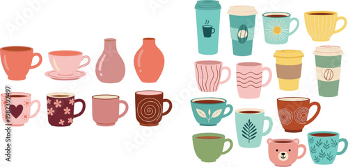 Coffee Cup and Mug Vector Collection with Ceramic Cups, Takeaway Coffee, Teacups and Decorative Drinkware for Cafe Menu and Beverage Design