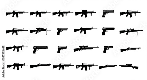 A collection of various gun silhouettes arranged in rows on a white background
