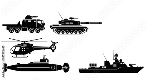 A set of military vehicle silhouettes including a tank, helicopter, submarine, and warship in a flat, minimalist design style.