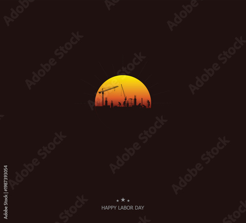 sun rising with growing constriction. Labor are working with sun rising. under constriction and rising city. vector art work