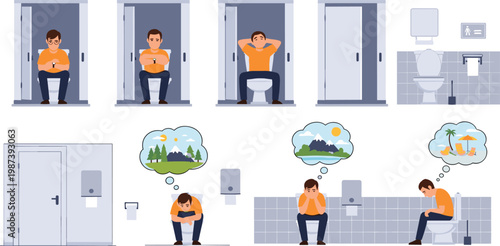 Flat Vector Character Set Showing Man Sitting in Toilet Stall Waiting and Daydreaming About Travel and Nature Representing Digestive Health, Constipation, and Restroom Habits