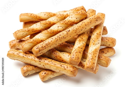 A pile of breadsticks sprinkled with herbs and seasonings on a white background.