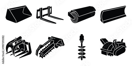 Construction equipment attachments set collection silhouette set for heavy machinery isolated on white background vector