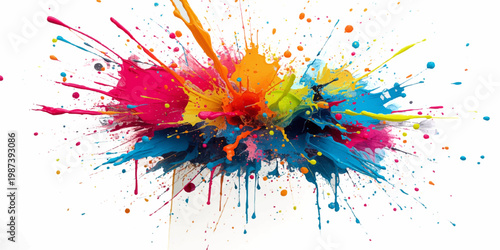An artistic vector featuring colorful watercolor paint and ink splashes with rainbow splatters and grunge brush stains as a decorative design element on a white background.