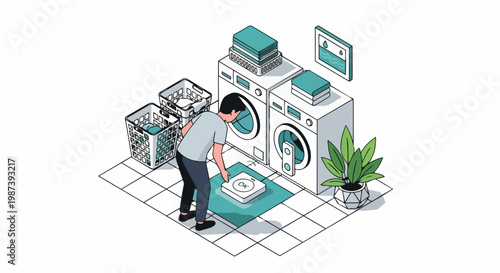 Isometric Smart Home Water Leak Detector Illustration with Man in Laundry Room