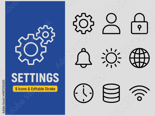Collection of nine clean outline icons representing settings and system functions presented on a blue and gray background with text