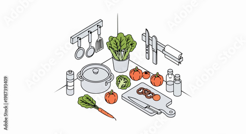 Isometric Kitchen Illustration with Cooking Utensils and Fresh Vegetables for Meal Prep and Healthy Eating Concepts