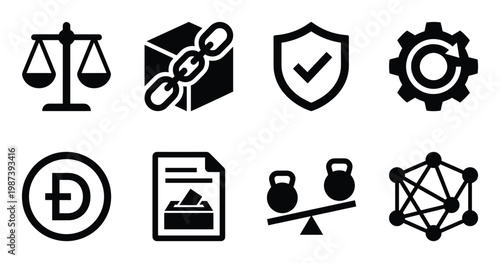 Decentralized autonomous organization finance and legal icons, including scales, blockchain, and voting symbols.