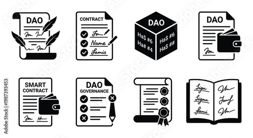 Decentralized autonomous organization icons set for dao governance smart contract and blockchain tech