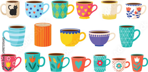 Colorful Coffee Cups Collection with Decorative Patterns and Various Mug Designs for Beverage Serving Kitchen Flat Vector Illustration Set