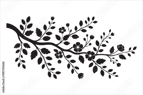 Elegant floral branch silhouette with blossoms and leaves.