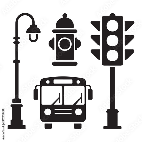 Street icon bundle modern silhouette lamp hydrant traffic light mailbox illustration design