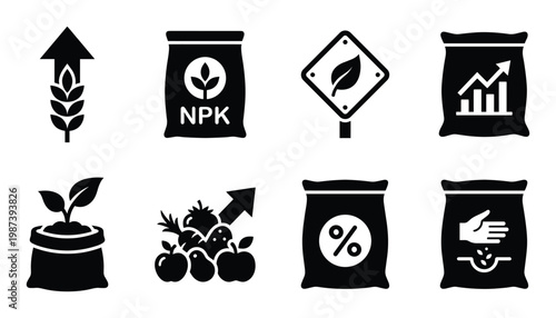 Fertilizer and agriculture icons with wheat sprout NPK bag growth sign plant seedling and hand sowing seeds
