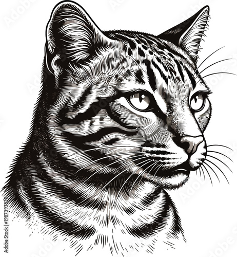 A black and white drawing of a cat's head