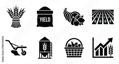 Farming and agriculture icons bundle including wheat bag cornucopia field plow silo basket and growth chart
