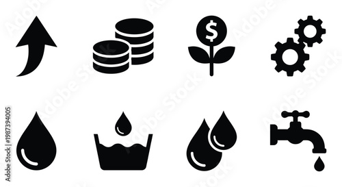 Financial growth, water conservation, and industrial development icons on transparent background
