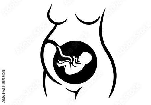 Pregnant Woman Silhouette with Fetus in Womb Icon, Minimalist Maternity Line Art Vector Illustration